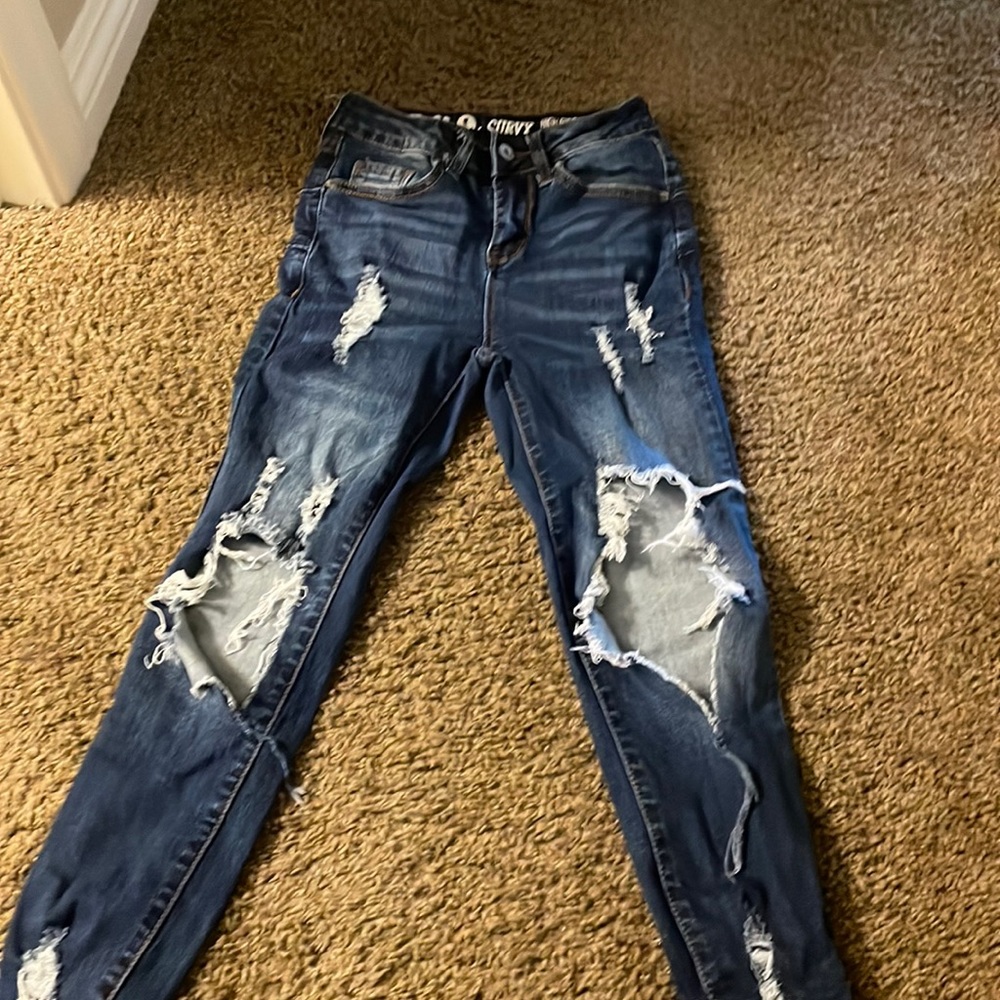 Too small for my legs and too big for my waist worn a couple times, ripped